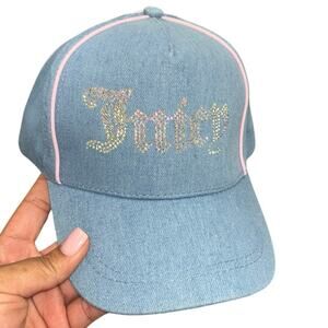 JUICY COUTURE DENIM AND RHINESTONE BASEBALL HAT BLUE PINK Y2K